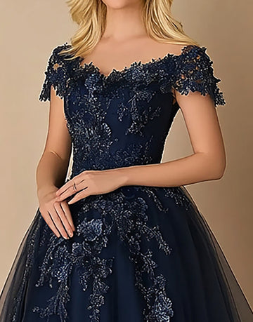 Black Tie Navy A-Line V-neck Tulle Long Mother of the Bride Dress with Short Sleeves